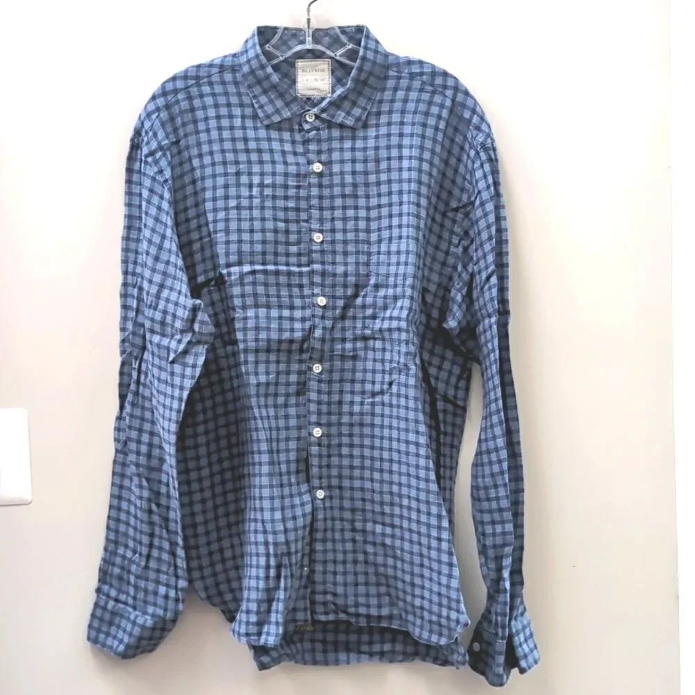 Billy Reid Button-Up Linen Blue Plaid Long Sleeve Standard Cut Shirt Sz XL